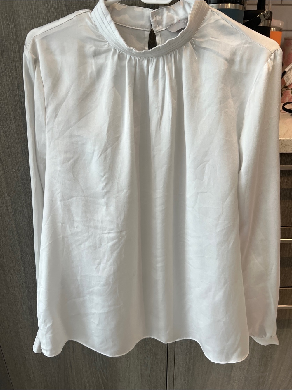 H&M Gray/White Long-Sleeve Mock Neck Blouse